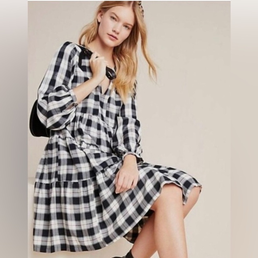 Anthropologie Maeve Amber Plaid Tiered Tunic Dress Black White Size XSP